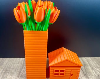 3D Printed Orange Gift Set, House Gift Box, Geometric Vase, Bouquet of 9 Tulips, Flowers, Mother's Day, Real Estate, Housewarming Gift