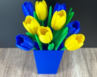 3D Printed Ukraine-Themed 9-Tulip Bouquet in a Geometric Vase, Modern Home Decor, Housewarming, Mother's Day, Bouquet of Flowers, Tulips