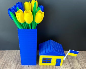 3D Printed Ukraine-Themed Gift Set, House Gift Box with Ukrainian Flag, Geometric Vase, Bouquet of 9 Tulips, Real Estate, Housewarming Gift