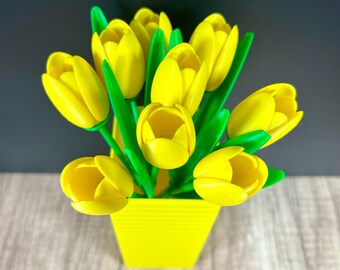 3D Printed Yellow 9-Tulip Bouquet in a Geometric Vase, Modern Home Decor, Housewarming, Mother's Day Gift, Bouquet of Flowers, Tulips