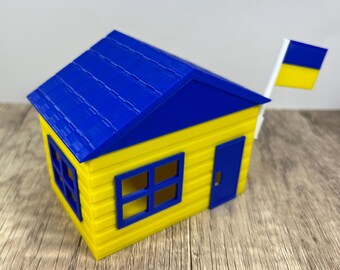 3D Printed Ukraine-Themed House Gift Box with Ukrainian Flag, Magnetic Roof, Real Estate Closing and Housewarming Gift, Business Card Holder