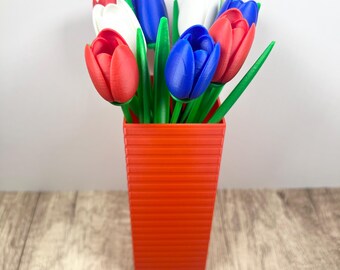3D Printed USA Tulip Bouquet in Geometric Vase: Patriotic Home Decor