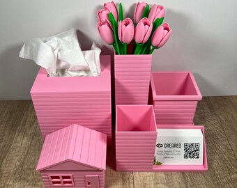 3D Printed Desk Organizer Gift Set: House Box, Tulips, Plant Pot, Tissue Box Cover - Eco-Friendly PLA