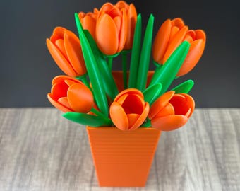 3D Printed Orange 9-Tulip Bouquet in a Geometric Vase, Modern Home Decor, Housewarming, Mother's Day Gift, Bouquet of Flowers, Tulips