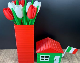 3D Printed Italy-Themed Gift Set, House Gift Box with Italian Flag, Geometric Vase, Bouquet of 9 Tulips, Real Estate, Housewarming Gift