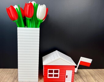 3D Printed Poland-Themed Gift Set, House Gift Box with Polish Flag, Geometric Vase, Bouquet of 9 Tulips, Real Estate, Housewarming Gift
