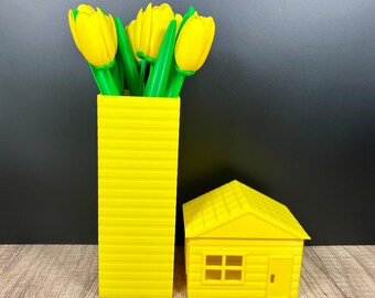 3D Printed Yellow Gift Set, House Gift Box, Geometric Vase, Bouquet of 9 Tulips, Flowers, Mother's Day, Real Estate, Housewarming Gift