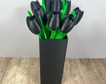 3D Printed Black 9-Tulip Bouquet in a Geometric Vase, Modern Home Decor, Housewarming, Bouquet of Flowers, Tulips, Gothic, Queen of Night