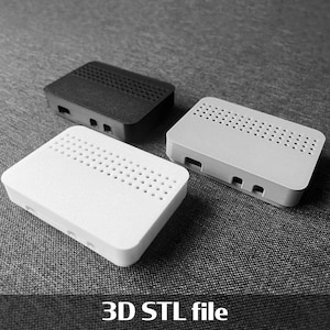 May include: Three rectangular, vented cases in grayscale. One is black, another is white, and the third is light gray. Each has a series of small holes on the top surface and several rectangular openings on the sides. The text "3D STL file" is at the bottom.