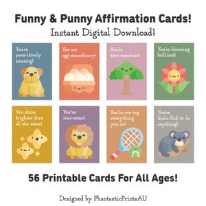 Tarjetas de afirmación divertidas y divertidas para todas las edades / Juego de 56 tarjetas de afirmación / Descarga digital en formato PDF para imprimir / Tamaño A4 o carta de EE. UU.