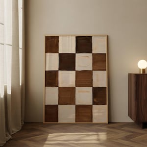 Abstract Checkerboard Art Print, Neutral Geometric Wall Art, Brown Cream Minimalist Decor, Mid Century Modern Wall Art