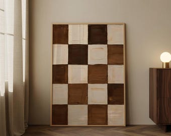 Abstract Checkerboard Art Print, Neutral Geometric Wall Art, Brown Cream Minimalist Decor, Mid Century Modern Wall Art