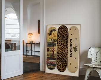 Vintage Western Skateboard Wall Art Print – Retro Cowboy Decor, Leopard Skate Deck Poster, Rustic Americana Wall Decor