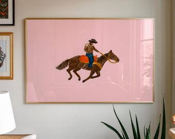Modern Cowboy Wall Art Print – Western Horse Rider Illustration – Bold Pink Background Poster – Southwestern Rodeo Decor – Physical Print