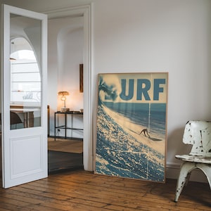 Retro Surf Art Print – Vintage Ocean Wave Poster – Coastal Beach Wall Decor – Blue Surfing Photography Print – Large Physical Wall Art