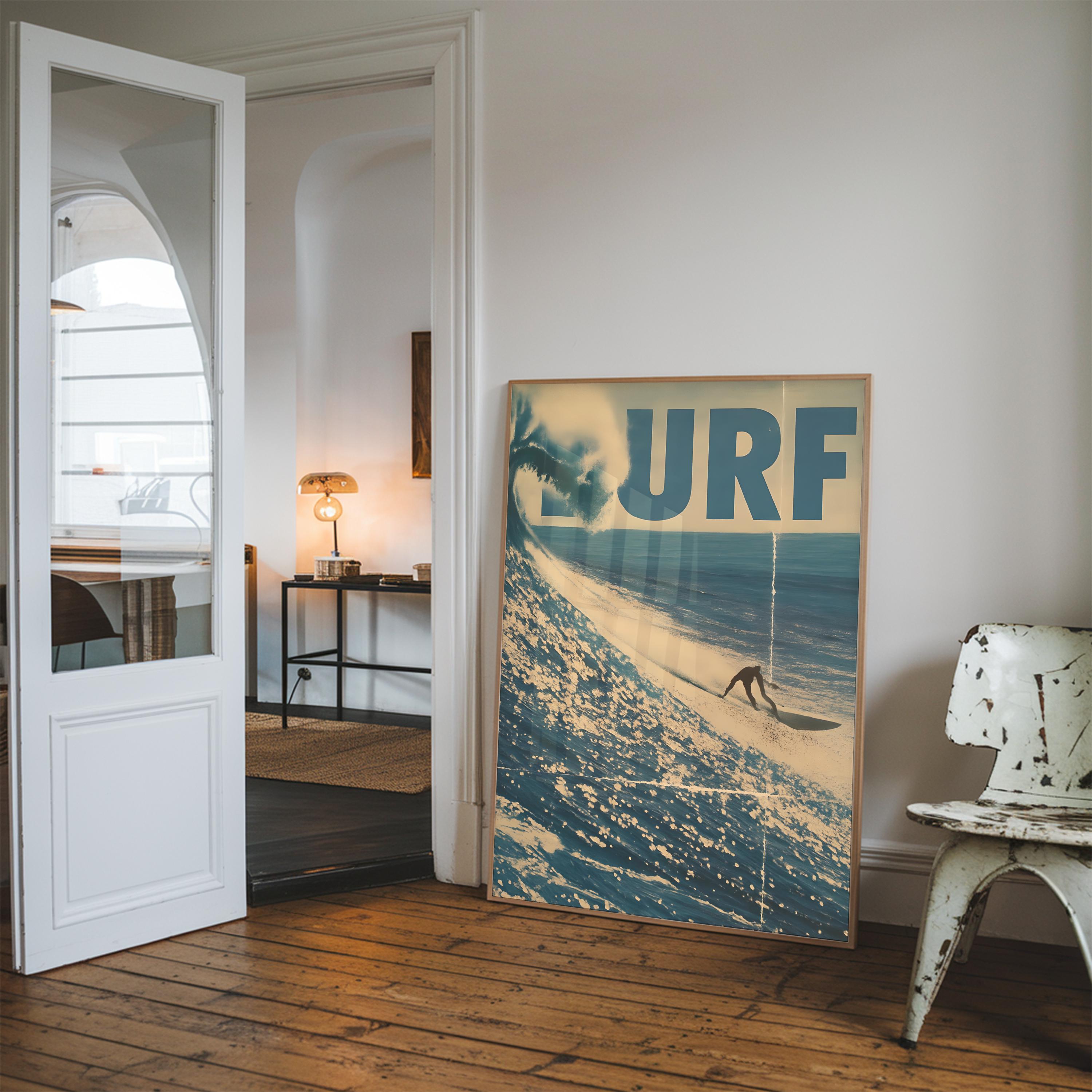 Retro Surf Art Print – Vintage Ocean Wave Poster – Coastal Beach Wall Decor – Blue Surfing Photography Print – Large Physical Wall Art
