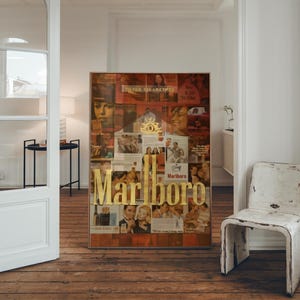 Vintage Marlboro Advertisement Collage Print – Retro Tobacco Wall Art, Mid Century Poster, Cigarette Ad Decor, Smokers Lounge Artwork