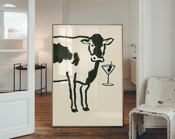 Minimalist Cow Wall Art Print – Black Ink Animal Drawing with Martini Glass – Quirky Farmhouse Bar Decor – Modern Funny Kitchen Art