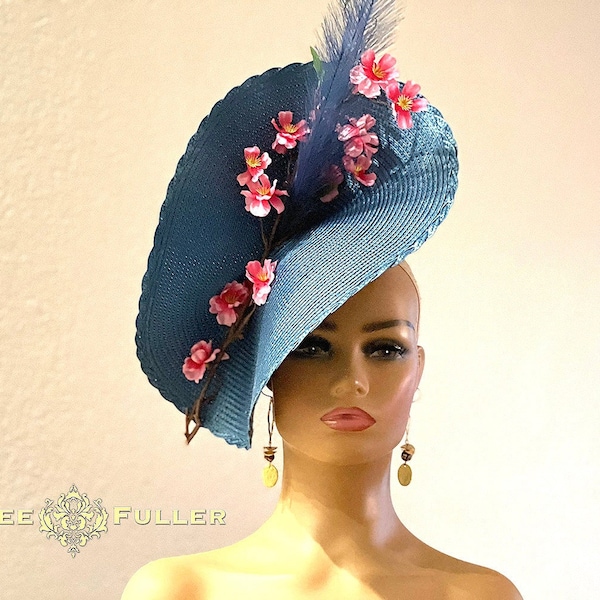 Aimee Fuller Midnight Blue Kentucky Derby Hat, Hot Pink Cherry Blossoms Royal Ascot Fascinator, Easter Hat Melbourne Cup Del Mar Opening Day