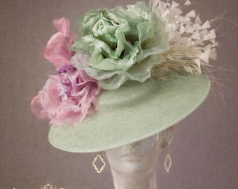 Kentucky Derby Fascinator, Off-White Royal Ascot Hat, Mauve Pink Sage Moss Green Roses Cream Bridal Mother of the Bride Fascinator, Big Hat