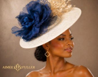 Tocado para el Derby de Kentucky, sombrero Royal Ascot blanco roto, tocado nupcial azul marino color crema rosa para la madre de la novia, sombrero Derby, Del Mar