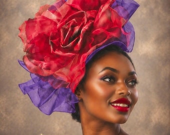 Tocado para el Derby de Kentucky, sombrero para cóctel de té de la tarde, tocado morado con volantes, sombrero de rosa roja, sombrero rojo Royal Ascot