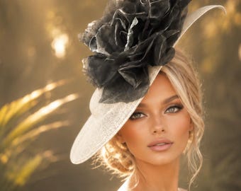 Kentucky Derby Hat, Bridal Fascinator, High Tea Asymmetrical Hatinator, Black and Off-White Del Mar Hat, Royal Ascot
