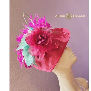Kentucky Derby Hat Fascinator, Fuchsia Hot Pink Rose Aqua Blue Feathered Hat, Del Mar Opening Day, Royal Ascot Hat, Breeders&#39; Cup Melbourne