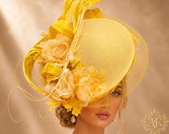 Kentucky Derby Hat Fascinator, Yellow Silk Sash with Fine Florals, Bridal, Del Mar Races, Royal Ascot, Breeders Cup, High Tea, Melbourne Cup