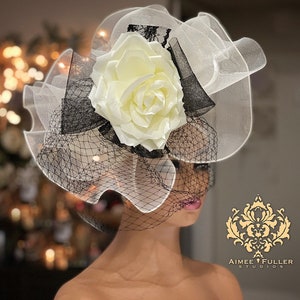 Aimee Fuller Kentucky Derby Fascinator Hat Off White Cream with Rose and Black Feathers High Tea Special Events Del Mar Royal Ascot Hat