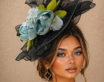 Sombrero para el Derby de Kentucky, tocado Royal Ascot azul campestre y negro, sombrero de peonía azul claro, sombrero para carreras de Del Mar