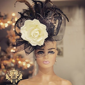 Aimee Fuller Kentucky Derby Hat Fascinator, Off White Cream with Rose and Black Feathers High Tea Hat Special Events Del Mar Royal Ascot Hat