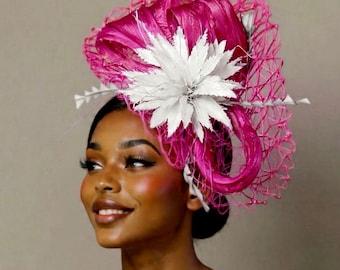 Kentucky Derby Hat Fascinator, Dark Wine Berry Pink Silk Hat, Hot Pink White Feathers Del Mar Races Hat, Royal Ascot Hat, Melbourne Cup