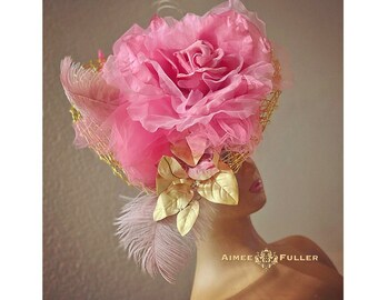 LISTO para ENVIAR para DERBY - Kentucky Derby Fascinator, Sombrero Royal Ascot, Rosa Floral de Oro Rosa, Sombrero de Plumas Malva, Sombrero de Copa Melbourne, Del Mar