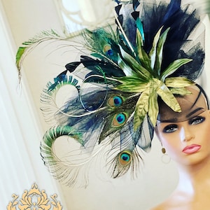 Aimee Fuller Kentucky Derby Hat, Black Fascinator, Huge Peacock Hat, Gold Leaf High Tea Del Mar Races Melbourne Cup, Ascot hat, Galas Church