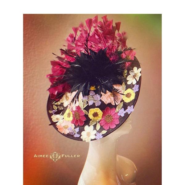 Floral Applique Kentucky Derby Fascinator, High Tea Hat, Black Maroon Peach Pink Purple Lavender Burgundy Mustard Hat, Ky Oaks, Royal Ascot