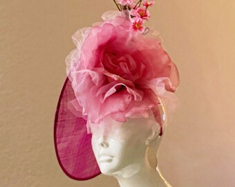 Kentucky Derby Hat Fascinator Pink Hatinator Hot Pink Fuchsia Cherry Blossom Silk Bridal Hat Contest Del Mar Royal Ascot Hat, Melbourne Cup