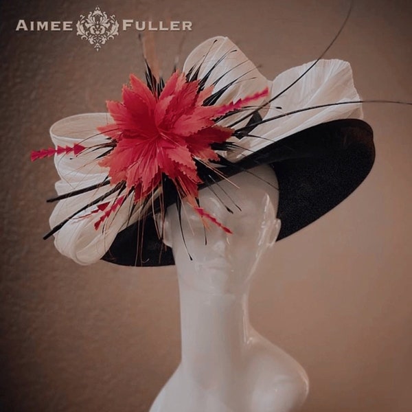 Aimee Fuller Kentucky Derby Hat, Black Red Hat Cream Off White Silk Bow Hat, Easter Hat Church High Tea Del Mar Opening Day Royal Ascot Hat