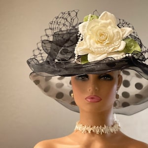 Aimee Fuller Polka Dot Kentucky Derby Royal Ascot Preakness Organza Hat White Rose Black Easter Church Wide Brimmed Del Mar