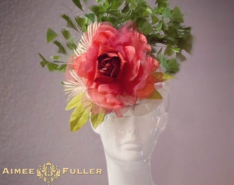 Kentucky Derby Fascinator, Red Rose Flower, Moss Green Off White Gold Palm Leaf Royal Ascot Fascinator, Bridal, Oaks, Easter Fascinator