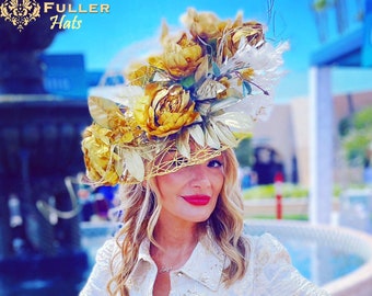 Gold Kentucky Derby Hat Fascinator, Metallic Gold Peony  display picture 1