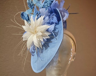 Kentucky Derby Hat Fascinator, Light Blue Royal Ascot Hat, Cornflower Carolina Light Blue Cream Bridal Hat, Mother of the Bride Fascinator