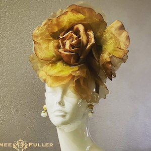 Kentucky Derby Hat Fascinator, Headband Silk Velvet Fascinator, Gold Golden Rust Ombre Rose Extra Large Flower Hat, Del Mar Breeders Cup Hat