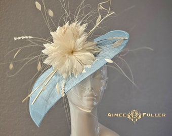 Kentucky Derby Hat, Light Blue Sinamay Cream Feathers Bridal Fascinator, Del Mar Royal Ascot Fascinator, Melbourne Cup Hat, Breeders Cup Hat