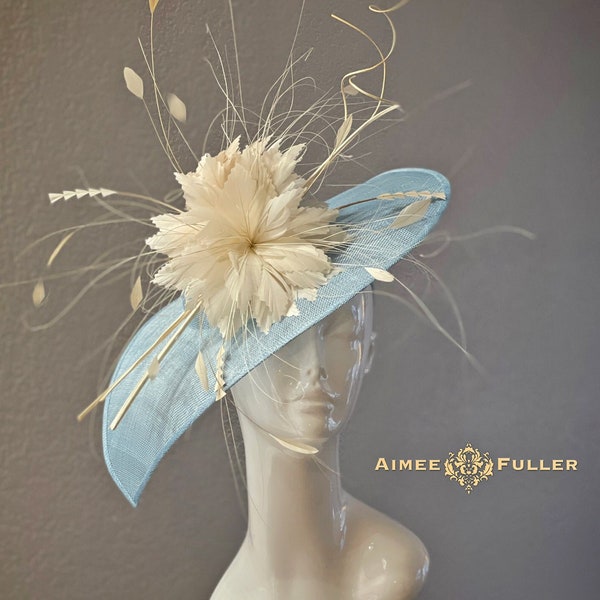 Kentucky Derby Hat, Light Blue Sinamay Cream Feathers Bridal Fascinator, Del Mar Royal Ascot Fascinator, Melbourne Cup Hat, Breeders Cup Hat