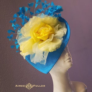 Kentucky Derby Hat Hatinator, Turquoise Blue Fascinator Hat, Yellow Silk Rose Flower Hat, Bridal Fascinator, Easter, Del Mar Royal Ascot Hat
