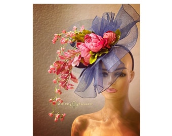 Floral Kentucky Derby Hat, Navy and Pink Royal Ascot Fascinator, Hot Pink Kentucky Oaks Hat, Pink Melbourne Cup Hat, Church, Del Mar Races