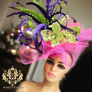 Kentucky Derby Fascinator, Shocking Pink Purple Apple Green Hat, Orchid Flowers Cocktail Hat, Del Mar Melbourne Cup, Royal Ascot, Easter Hat