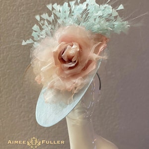 Kentucky Derby Hat, Light Powder Blue Sinamay Salmon Pink Rose Flower Bridal Fascinator, Easter Hat, Del Mar, Big Royal Ascot Hat Hatinator