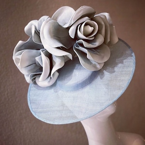 Kentucky Derby Hat, Light Powder Blue Sinamay Gray Shaded Ombre Rose Flower Bridal Fascinator Del Mar Hat Royal Ascot Hatinator Breeders Cup